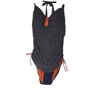 One Piece Halter Swim suit 6 Navy and Orange Moontide Of New Zealand Retro